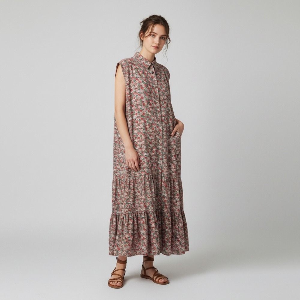 Natural Life Cottagecore Tiered Oversized Prairie Maxi Dress M Multicolor Pocket